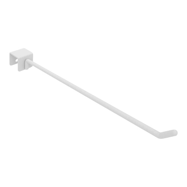 A white metal saddle-mount display hook with a long handle and holes.