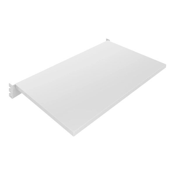 A white rectangular metal display shelf.