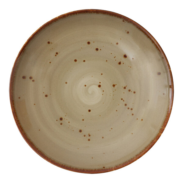 A white TechnoCeram bowl with a brown swirl and speckles.