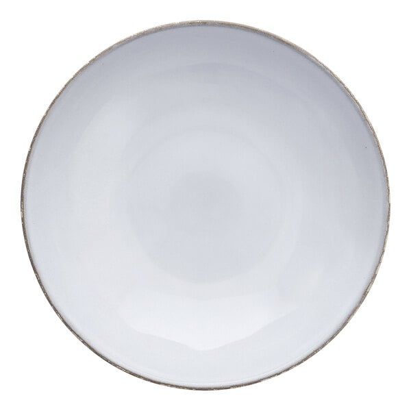 A white stoneware bowl with a rim.