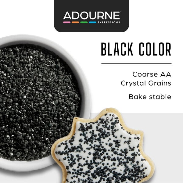 Graphic showing coarse black sanding sugar on a cookie with product features.