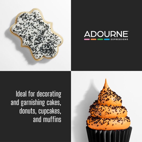 Graphic showing black sanding sugar on baked goods with suggested decorating uses.