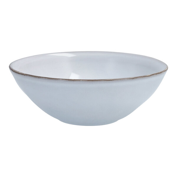 A white bowl with a brown rim on a white background.