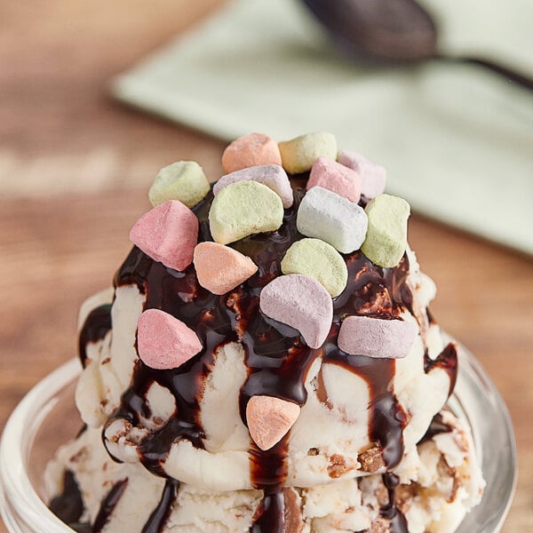 A bowl of ice cream topped with Kraft Mini Assorted Rainbow Dehydrated Marshmallows.