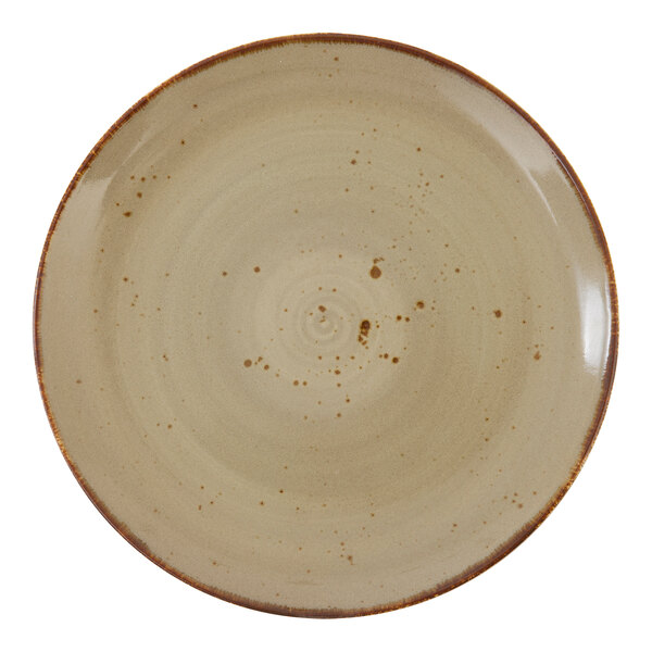 An Erthe by Fortessa Basics Shiitake plate with brown speckles on it.