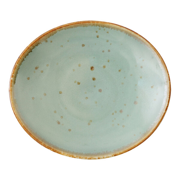 A close-up of an Erthe by Fortessa Basics Celadon oval platter with speckled dots on it.