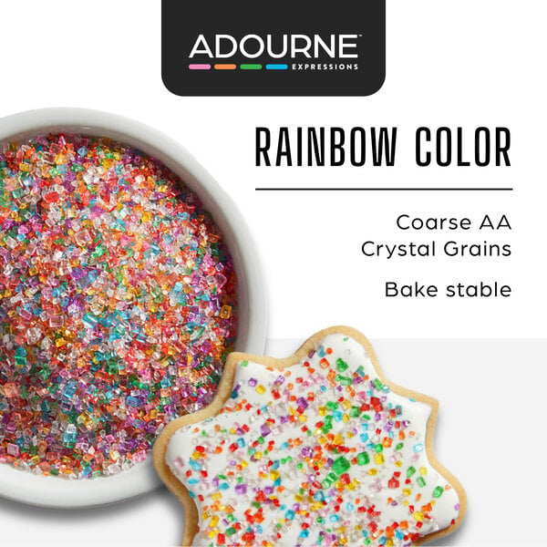 Graphic showing coarse rainbow sanding sugar on a cookie with product features.