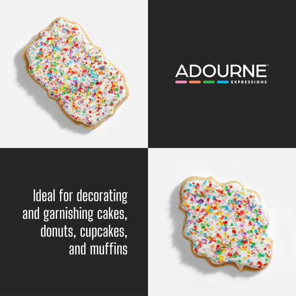 Graphic showing rainbow sanding sugar on baked goods with suggested decorating uses.