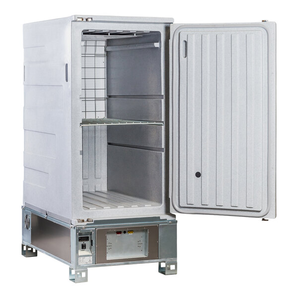 A white Coldtainer portable refrigerator with a door open.