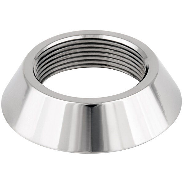 A silver metal T&S adjustable wall flange with a hole in it.