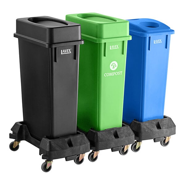 A Lavex mobile trash station with black, green, and blue lids on wheels.