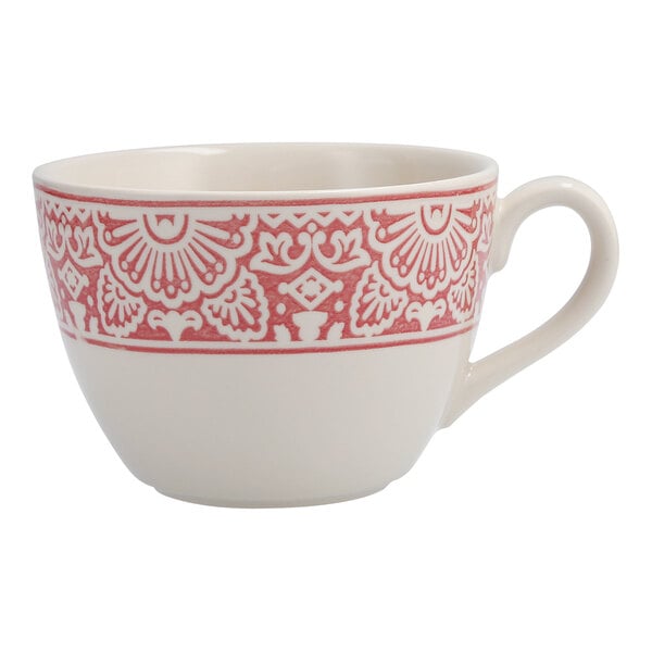 A white Havana by Fortessa coffee cup with a red design.