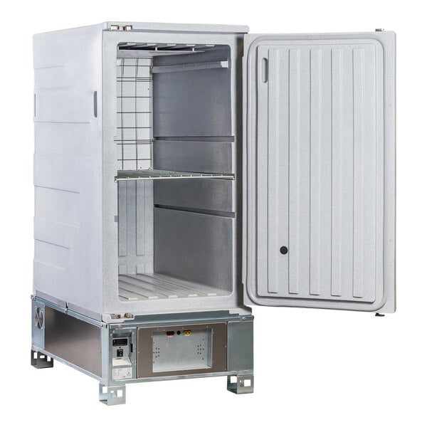 A white Coldtainer DC powered portable refrigerator with a door open.