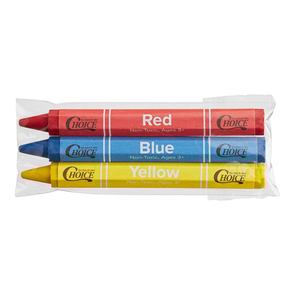 A group of three hexagonal Choice kids' restaurant crayons in a cello wrap with red, blue, and yellow text.