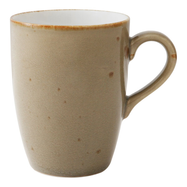 A white Erthe by Fortessa coffee mug with a brown rim and handle.