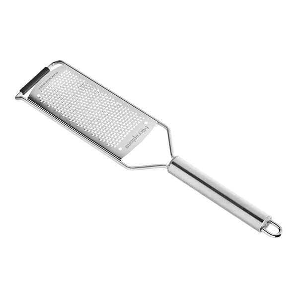 A Microplane Professional stainless steel fine grater with a handle.