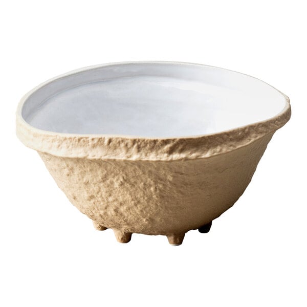A white stoneware bowl with a brown rim.