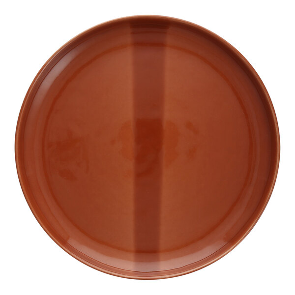 A brown Nosse by Fortessa stoneware plate with a double black stripe.