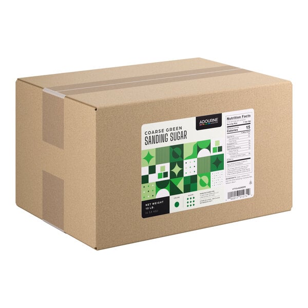 A large cardboard box labeled as Adourne Coarse Green Sanding Sugar, 10 pounds.
