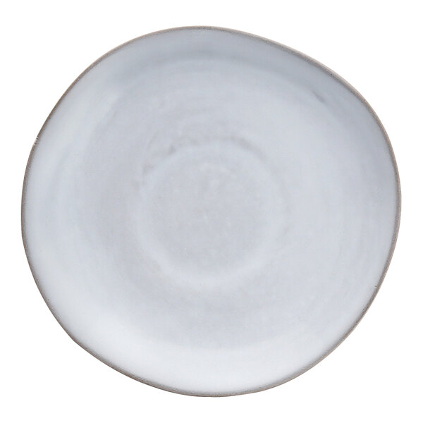 A white stoneware saucer with a gray rim.