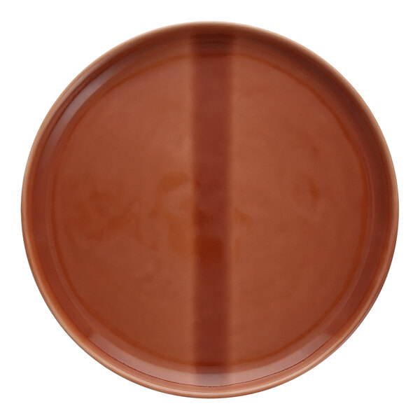 A close-up of a brown Nosse by Fortessa stoneware plate with a double stripe.