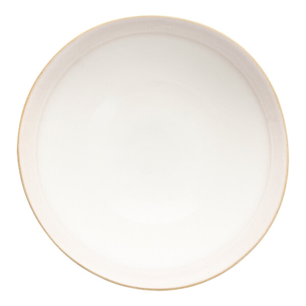 A ivory stoneware bowl with a gold rim on a white background.
