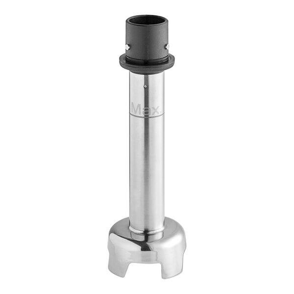 A silver and black metal blending shaft with screws on a white background.