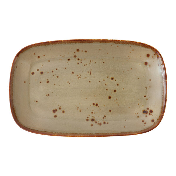 A rectangular Erthe TechnoCeram platter with brown specks on it.