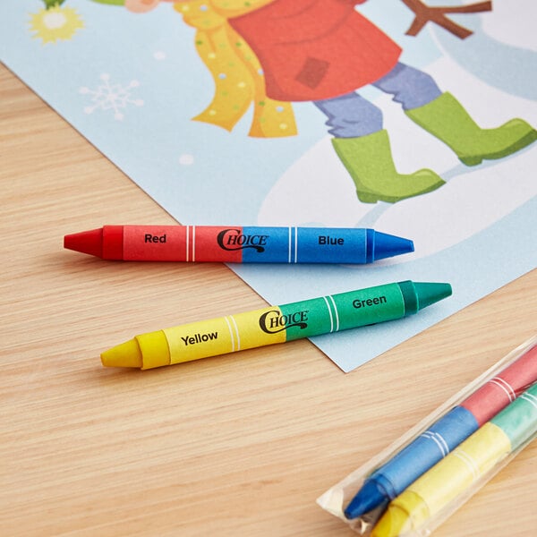 A group of Choice double-sided kids' restaurant crayons in cello wrap.