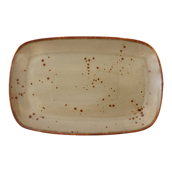 A rectangular Erthe by Fortessa Basics rectangular platter with brown speckles.