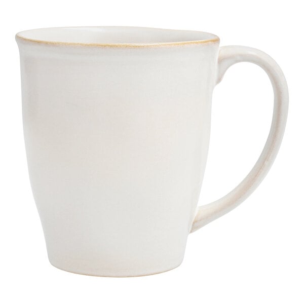 A white Nosse by Fortessa stoneware mug with a handle.