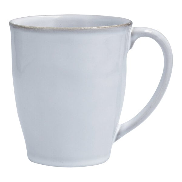 A white Nosse stoneware mug with a silver rim and handle.