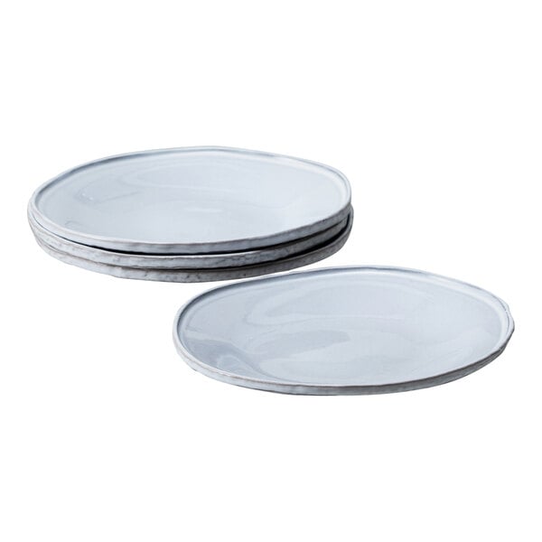 A stack of Nosse by Fortessa stoneware plates with white centers and blue rims.
