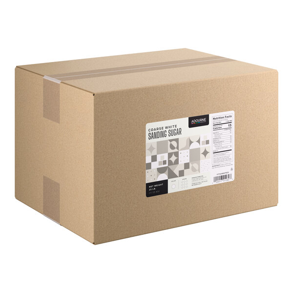 A large cardboard box labeled as containing Adourne Coarse White Sanding Sugar, 25 pounds.