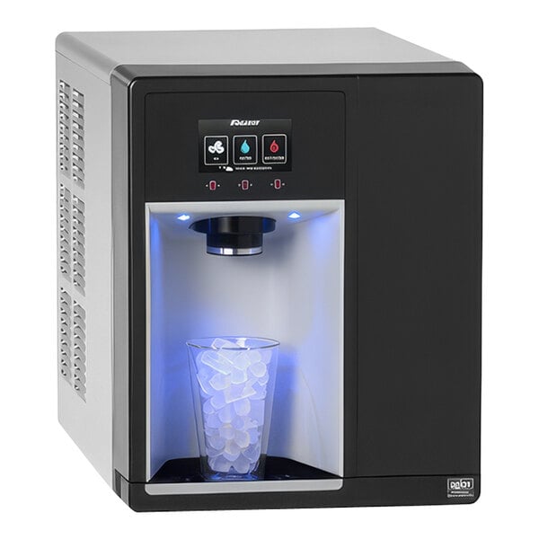 A black Follett 7 Series countertop ice maker with a glass of ice.