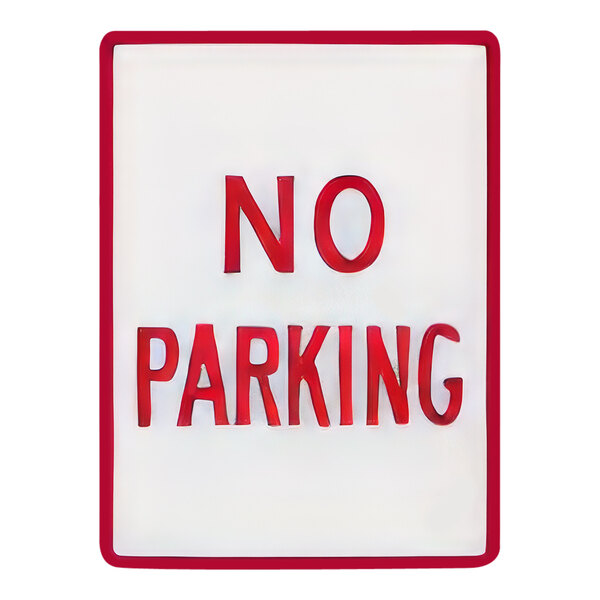 A Lavex aluminum "No Parking" sign with red text on a white background.