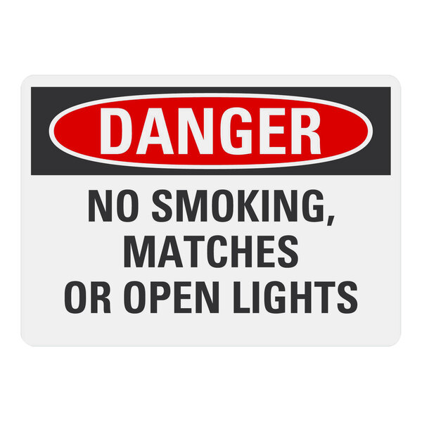 A Lavex plastic hazard sign with black and white text that reads "Danger / No Smoking, Matches Or Open Lights"