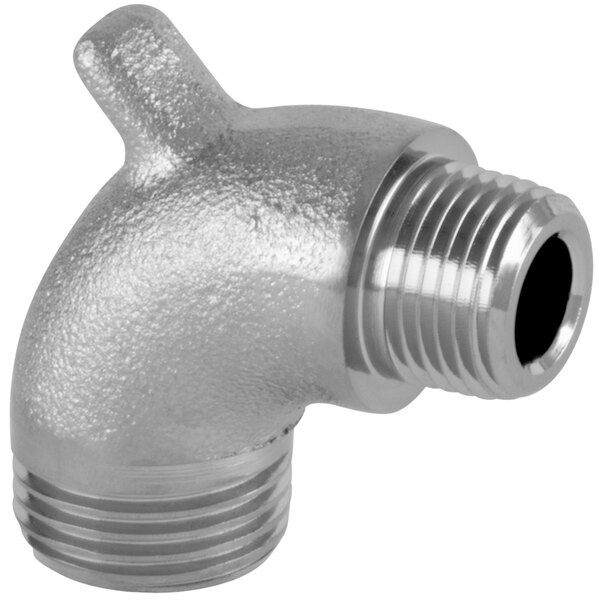 A silver metal pipe with a threaded end and a nozzle.