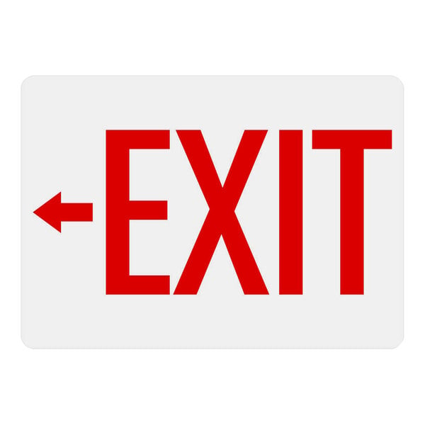 A white sign with red text reading "Exit" and a left arrow.