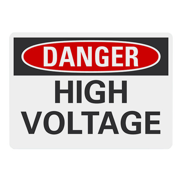 A white rectangular safety label with a red and black border and text that reads "Danger High Voltage"