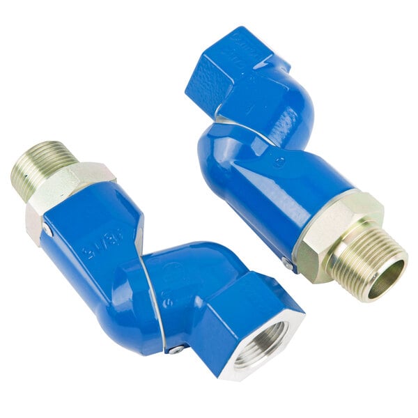 A close-up of a blue and silver Dormont gas pipe fitting with blue plastic ends.