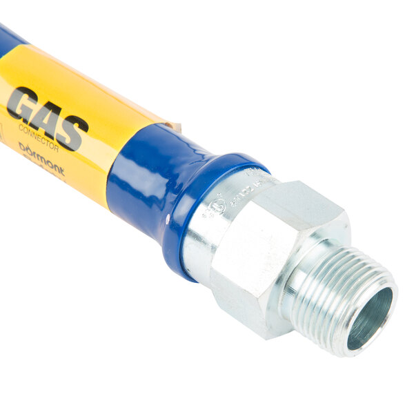 A blue and yellow Dormont gas connector hose with metal ends.