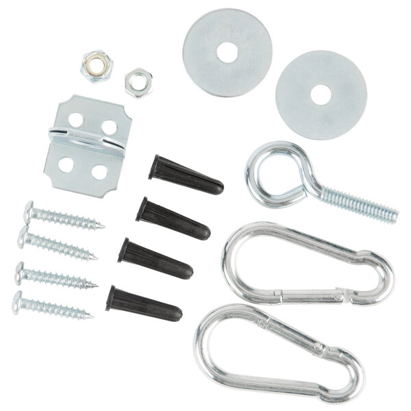 A group of metal parts including a white gas connector with a hole in it.