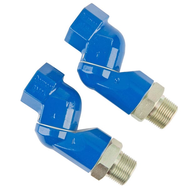 A close-up of two blue plastic pipes with threaded ends.