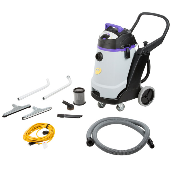 A ProTeam wet/dry vacuum with tools attached to the hose.