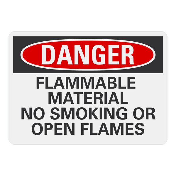 A Lavex aluminum safety sign with black text that says "Danger Flammable Material No Smoking Or Open Flames" in a red circle.