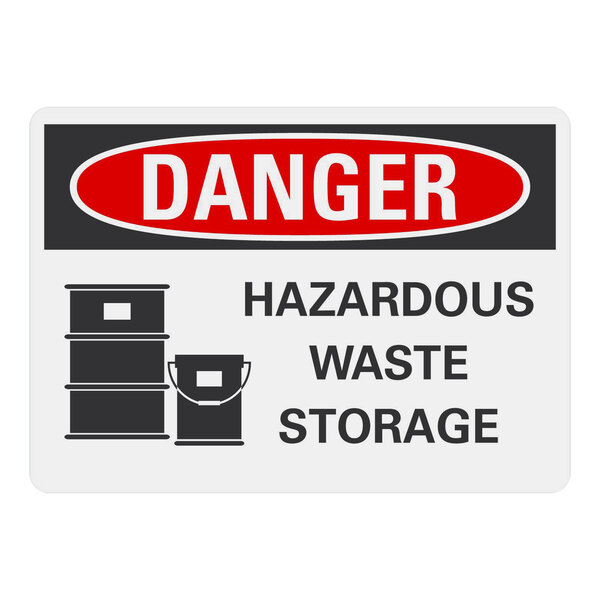 A white rectangular Lavex adhesive vinyl safety label with black text reading "Danger Hazardous Waste Storage" 