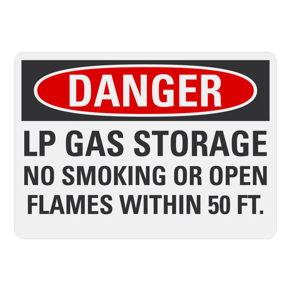 A white rectangular Lavex aluminum safety sign with black text that says "Danger LP Gas Storage No Smoking Or Open Flames Within 50 Ft."