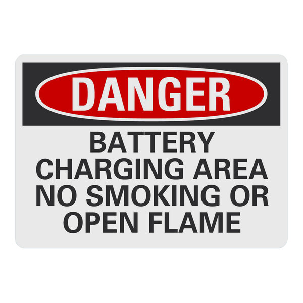 A white rectangular Lavex safety sign with black text that says "Danger Battery Charging Area No Smoking Or Open Flame" in black.