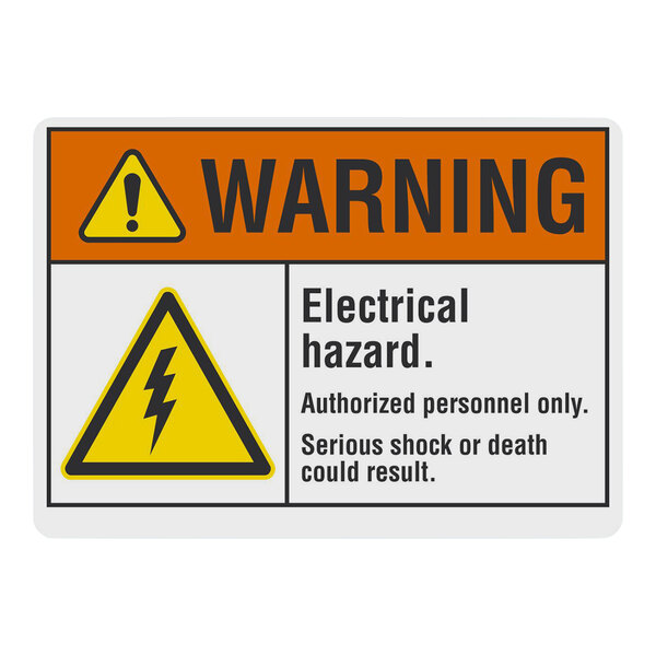 A white rectangular safety label with black text and a yellow triangle with a black lightning bolt.